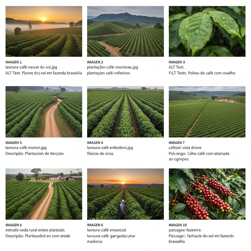 Lavoura de café especial em Minas Gerais ao amanhecer, plantações em montanhas com névoa e nascer do sol